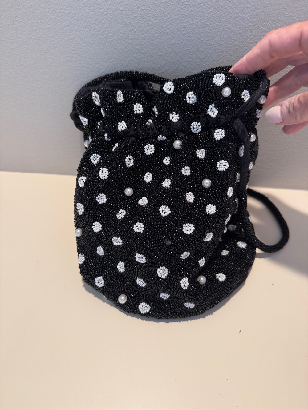 kate spade Black Beaded Mini Drawstring Bag with White Dot & Pearl Accents